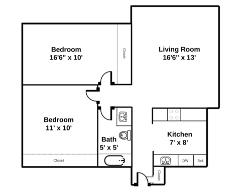 Floor plan for 2 beds, 1 bath, 668 sqft